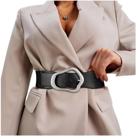 ✨ Wide Black Stretch Belt | Gold-Toned Buckle | Elastic & Leather Waist Cinch | - Picture 1 of 2